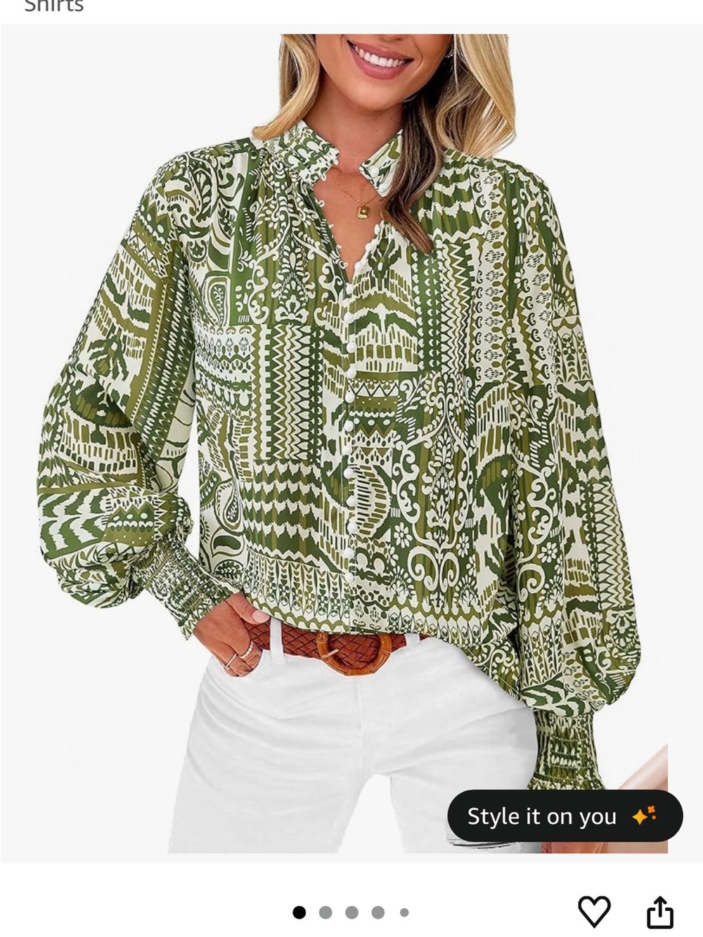 Green and White Printed Long-Sleeve Blouse